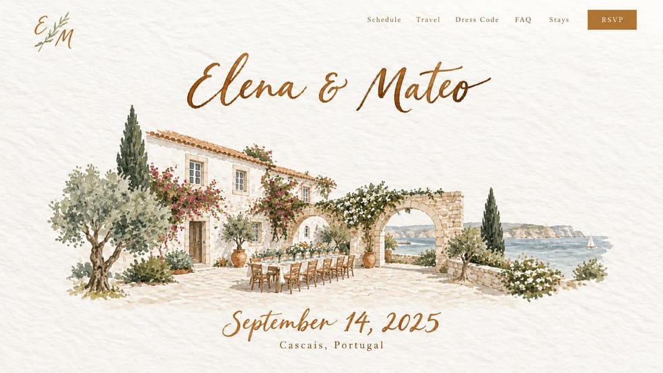 Wedding website design, watercolor villa for a wedding abroad: watercolor of a whitewashed villa and seaside terrace under brown handwritten names on textured cream