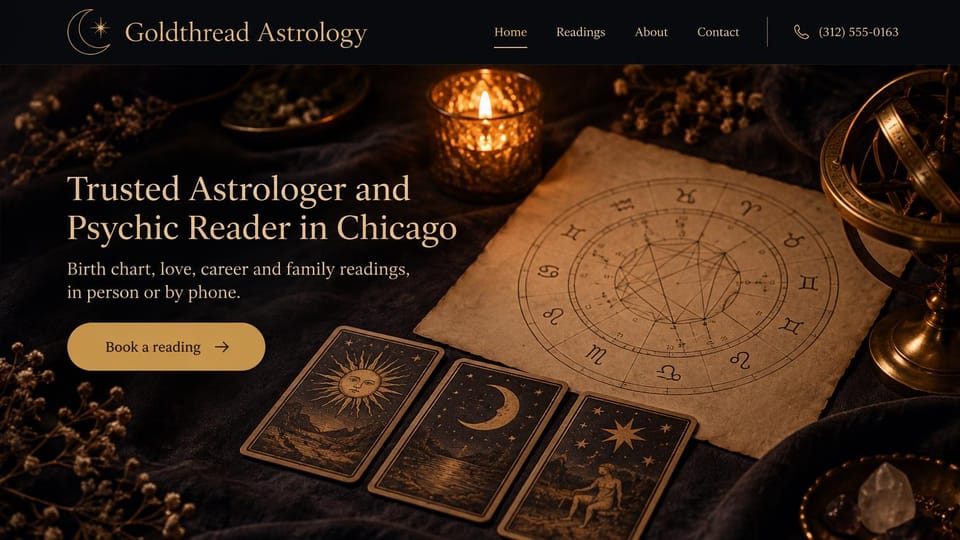 Astrology website design, local astrologer and psychic with the city in the headline: black and gold, a candlelit still life of a zodiac chart, tarot cards and a brass sphere, a cream serif headline and a gold button