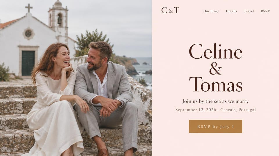 Wedding website design, seaside chapel wedding in blush: a couple on stone steps by a white seaside chapel beside a blush panel with brown serif names