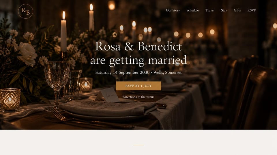 One page website design, candlelit reception, dark and warm: a candlelit dinner table with crystal glasses and flowers in warm shadow, ivory serif names and a gold RSVP button