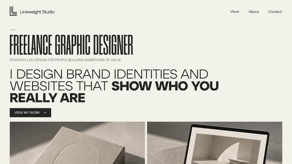 Portfolio website design, freelance graphic designer, type first: cream page, a tall black condensed headline and a large uppercase statement above two muted photos of design work