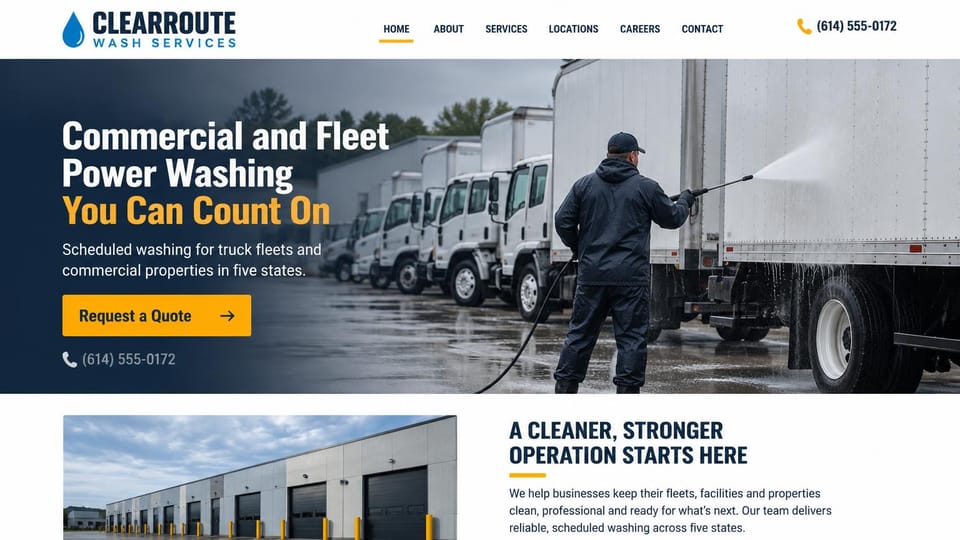 Pressure washing website design, fleet and property washing on a schedule: white header, a navy fade over a photo of a worker spraying a row of white box trucks, a white and yellow headline, a yellow quote button, a warehouse photo below