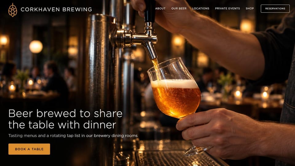 Winery and brewery website design, brewery dining room with a fresh pour: warm low-light photo of a hand pulling amber beer from a chrome tap into a stemmed glass over a candlelit dining room, a copper hop logo, a large white sans-serif headline at lower left, an amber button and an outlined reservations button