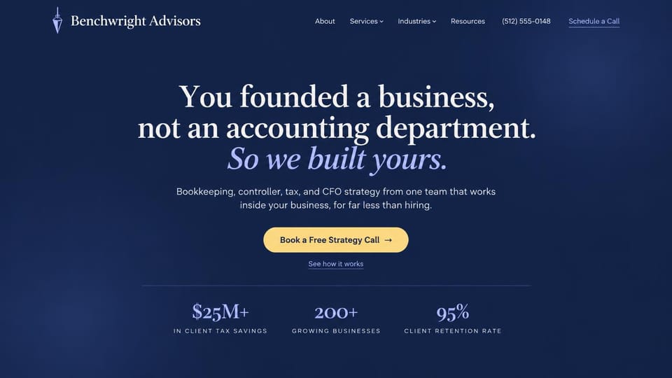 Accounting website design, outsourced accounting department in navy and periwinkle: deep navy page, a large centered white serif headline with a periwinkle italic line, a yellow strategy call button and three periwinkle figures with spaced labels