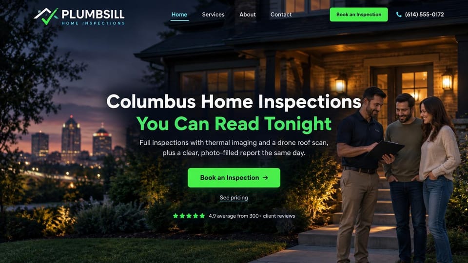 Home inspector website design, night scene with reports the same evening: night photo of a lit house and a city skyline, white and bright green headline, a green book button, an inspector showing a clipboard to a couple