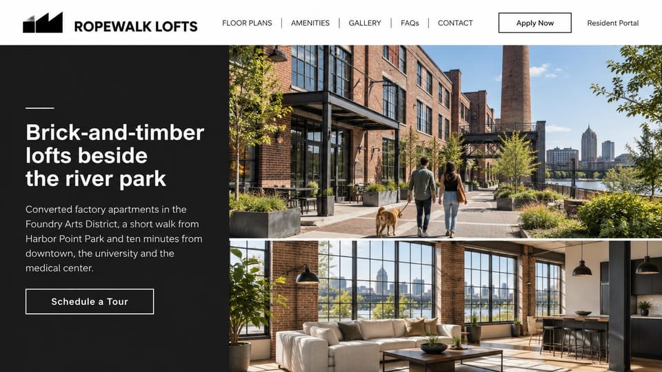 Apartment website design, factory lofts beside a river park: white header with a sawtooth roof logo, a charcoal panel with a white sans headline, stacked photos of a brick loft street with a couple and dog and a loft living room