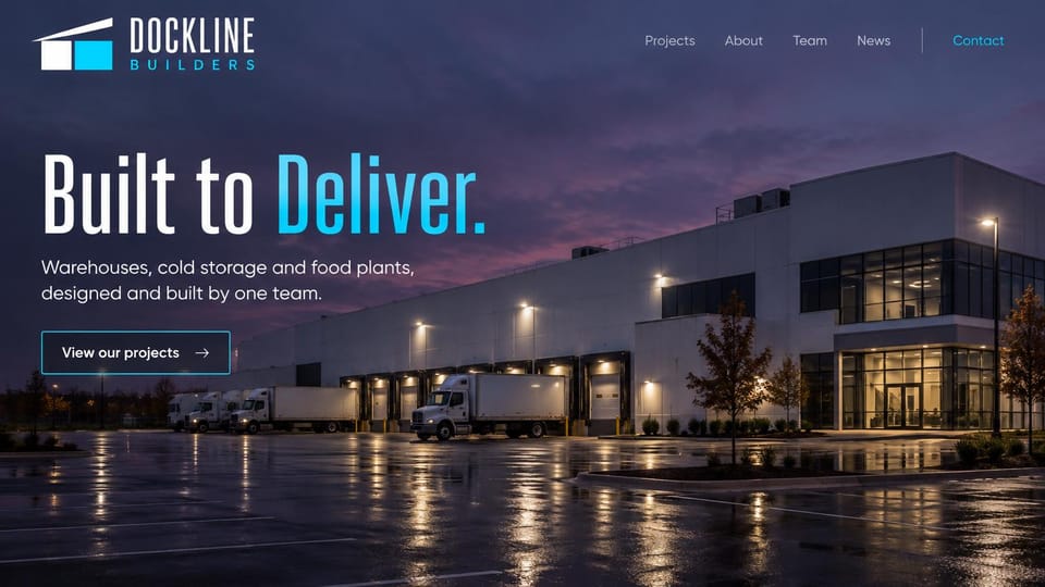 Construction website design, warehouse builder with loading docks at dusk: violet dusk sky, a white warehouse with lit loading docks and parked box trucks on wet pavement, a tall white and blue condensed headline and an outlined button