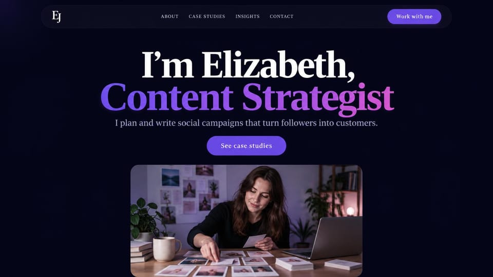 Marketing portfolio website design, content strategist in a purple gradient: midnight navy page, a white and purple to pink gradient serif headline, a woman sorting printed photos at a desk