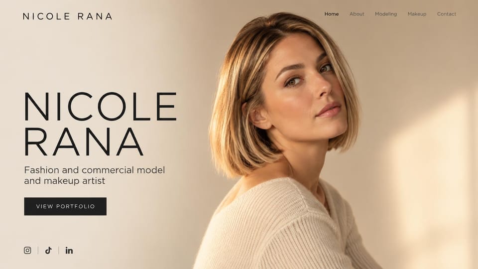 Model portfolio website design, model and makeup artist with a sunlit close-up: warm beige page, large black sans capitals, a black portfolio button and a sunlit portrait of a woman with a blonde bob, small social icons