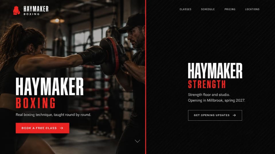 Martial arts website design, boxing gym with a sister strength studio: black split screen with red type, a boxing training photo on the left, a textured panel for a strength studio on the right