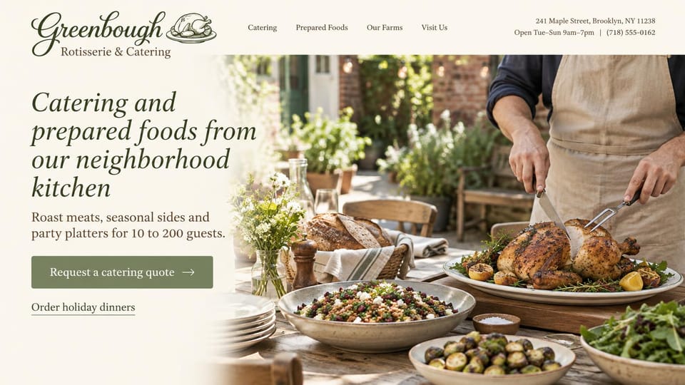 Catering website design, neighborhood kitchen with catering and prepared foods: cream page, a large italic olive serif headline, an olive quote button and a cook carving roast chicken at a sunlit garden table
