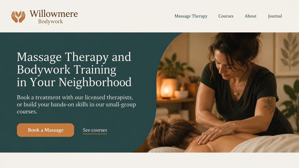 Massage therapist website design, massage studio that also teaches courses: dark teal panel with a curved edge, a cream serif headline, an orange button and a therapist massaging a client's back
