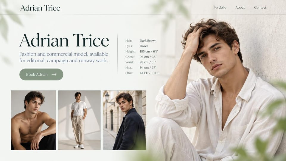 Model portfolio website design, male model with a measurements card on pale sage: pale sage page with leaf shadows, a large dark serif name, a sage pill button, a stats list, a curly-haired man in white linen and three smaller photos