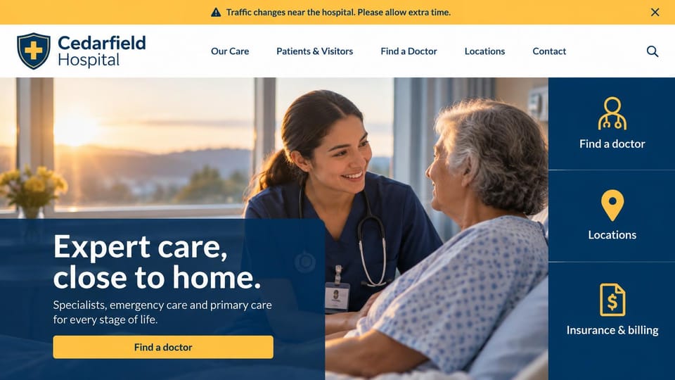 Medical practice website design, community hospital with quick-link panels: navy and yellow, a nurse with an older patient at sunrise and three navy quick-link panels