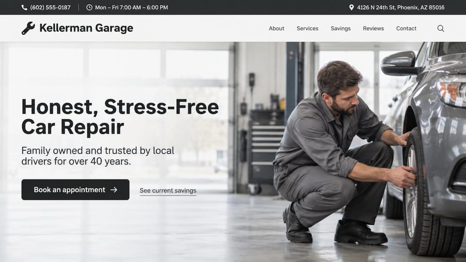 Auto repair website design, independent shop, bright and uncluttered: pale gray page, a dark top bar with hours and address, a charcoal headline beside a mechanic in gray coveralls at a car's front wheel