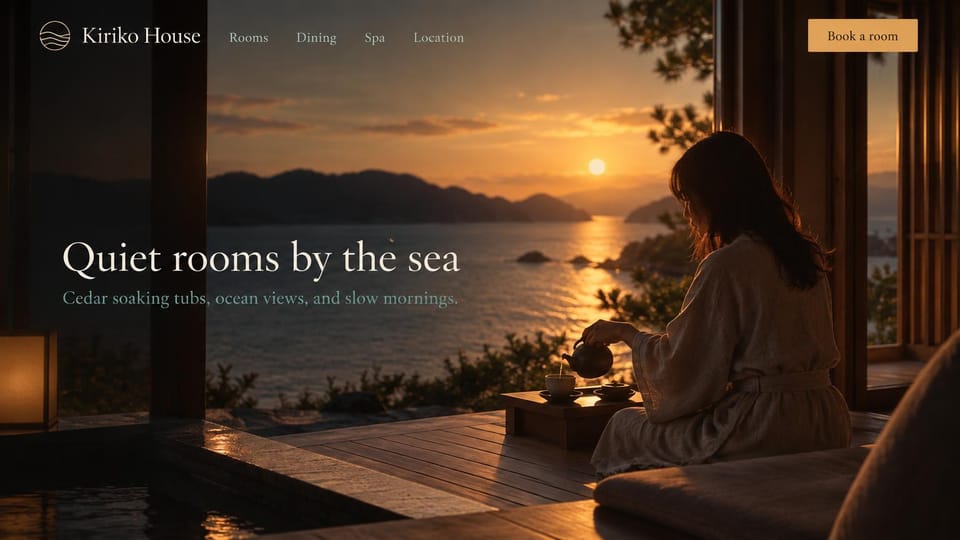 Hotel website design, seaside ryokan at sunset: a woman pouring tea in a wood room facing the sea at sunset, thin white serif headline