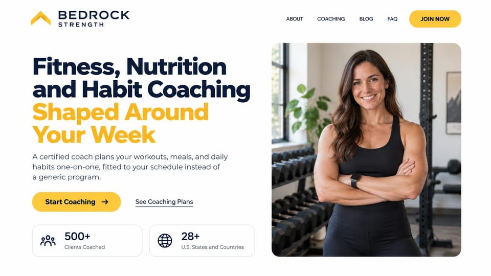 Personal trainer website design, fitness, nutrition and habit coaching with proof: white page, a navy and yellow headline, two stat cards, a portrait of a smiling coach with arms crossed in a gym