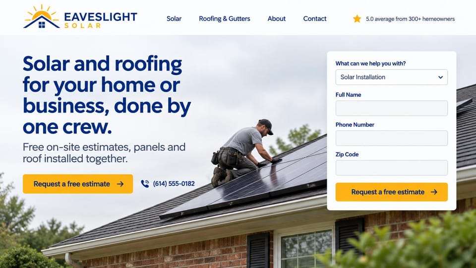 Solar website design, solar and roofing with an estimate form beside the hero: white header with a rating line, a large navy headline on a cloudy sky over an installer on a brick home's roof, a white estimate form with a yellow button