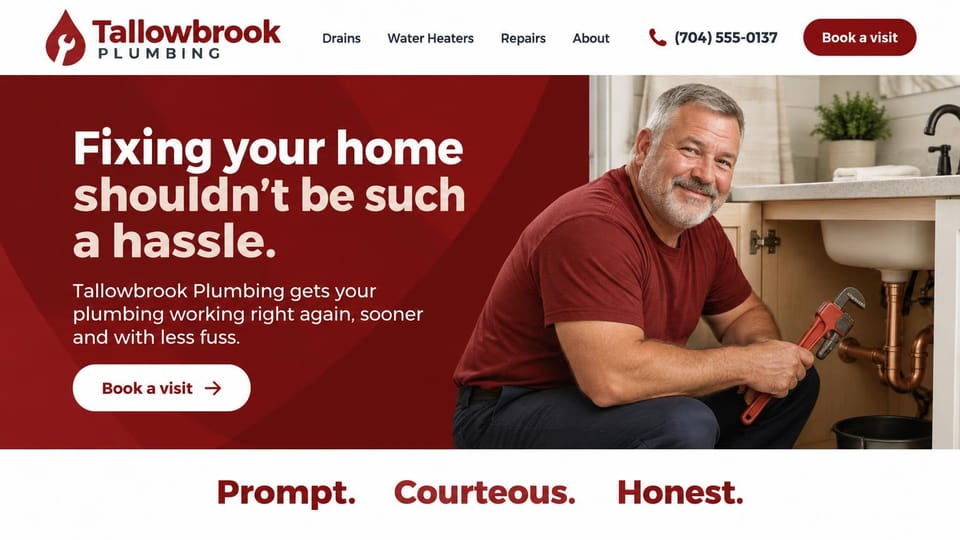Plumbing website design, home plumbing in deep red with a three-word promise: white header with a deep red drop and wrench logo, a deep red panel with a white and blush headline and white pill button, a gray-bearded plumber in a red tee crouched by a vanity, red words below