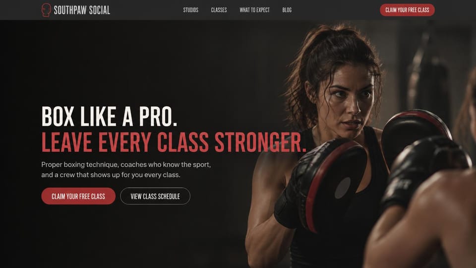 Fitness website design, boxing gym with a free first class: black and red, a boxer throwing a punch at pads, white and red condensed headline