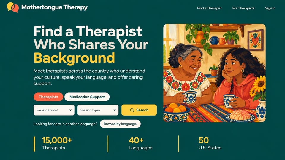 Therapist website design, therapists matched by culture and language: deep teal and yellow, a bold headline and search filters beside an illustration of two women at a kitchen table