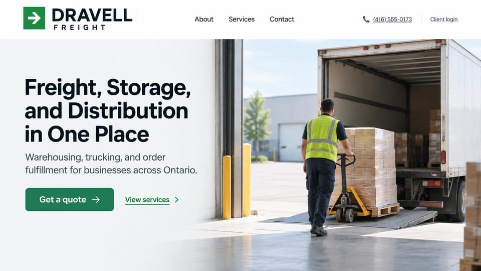 Logistics website design, warehousing and trucking with a pallet jack at the dock: white page fading into a photo of a worker in a safety vest pulling a wrapped pallet toward an open box truck, bold black headline, green quote button beside a green text link