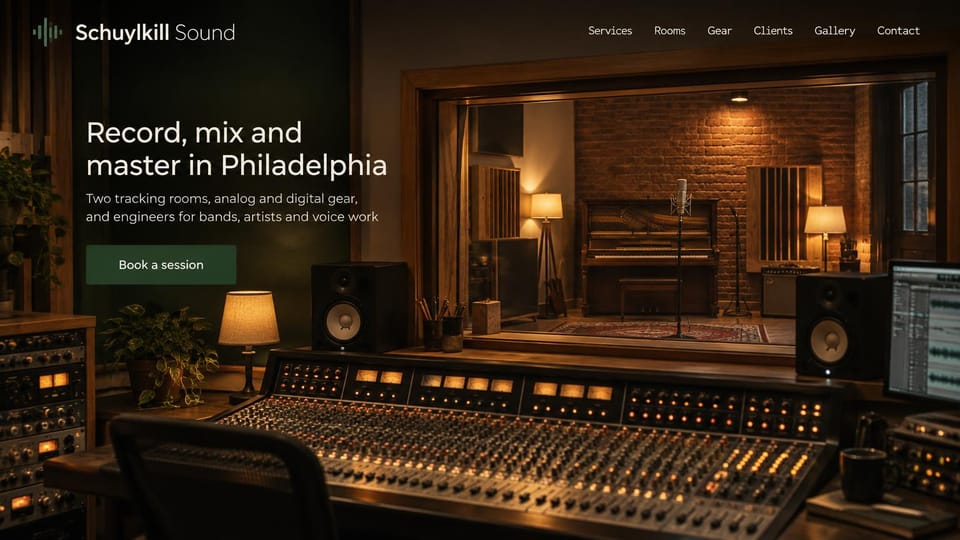 Recording studio website design, full-service studio seen from the control room: warm control room with a large analog console, a brick live room with a piano through the glass, white headline and a dark green button