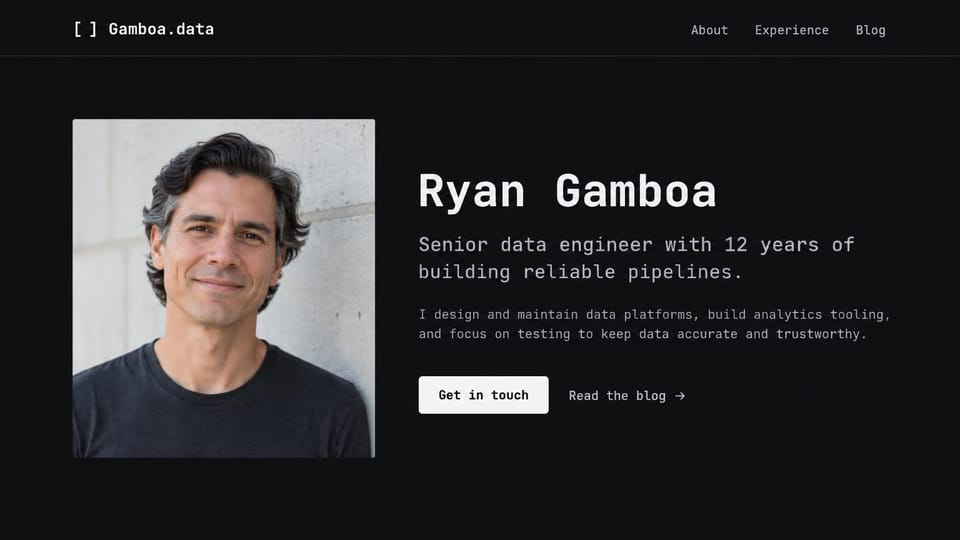 Resume website design, data engineer in dark monospace: near-black page, a large white monospace name, gray intro text, a white get in touch button and a portrait of a smiling man against a pale wall