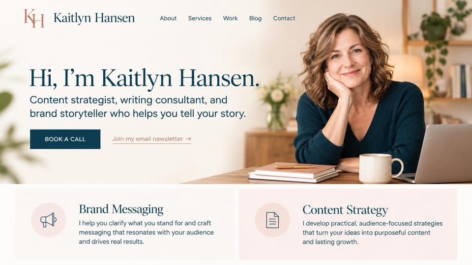 Marketing portfolio website design, content strategist with service cards: cream page, a navy serif greeting, a smiling woman at a desk with a laptop and two pale pink service cards