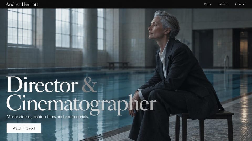 Portfolio website design, director and cinematographer, cinematic: a man seated beside an indoor pool in blue light, oversized white serif title at lower left and a white button