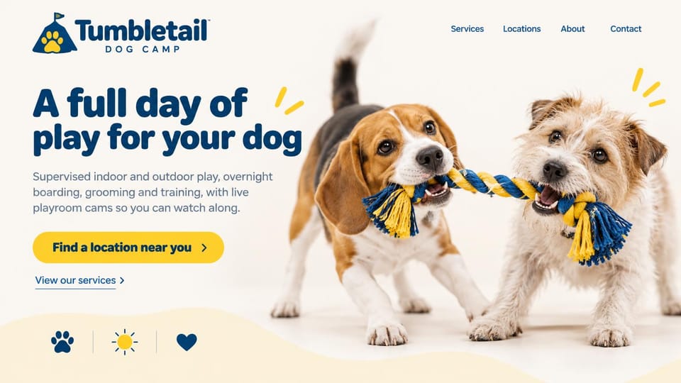 Pet business website design, dog daycare with several locations: white page, a bold navy headline and a yellow location button beside a beagle and a terrier tugging a blue and yellow rope
