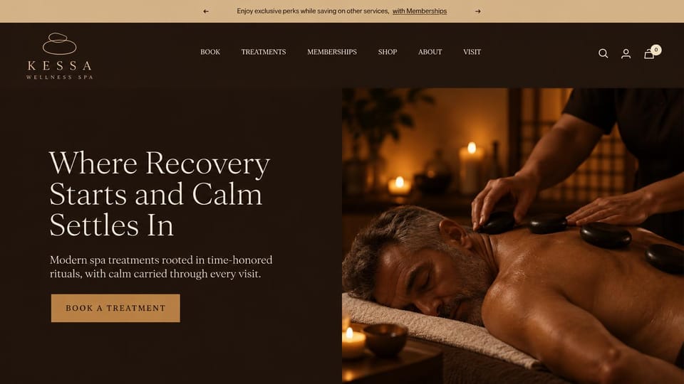 Spa website design, wellness spa with a hot stone massage: dark brown page, a cream serif headline and gold button beside a candlelit hot stone massage on a gray-haired man
