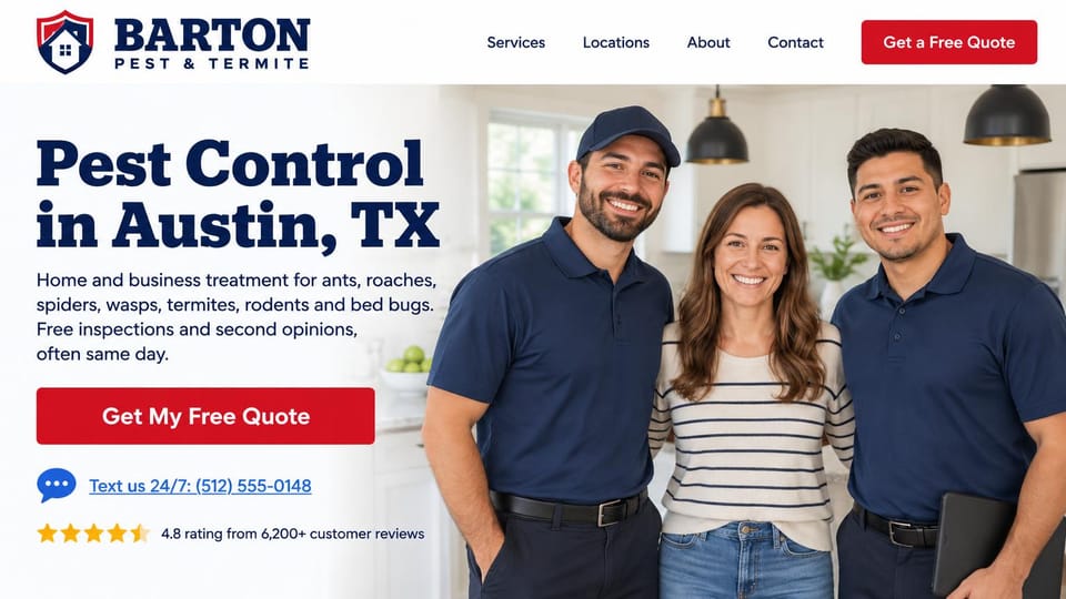 Pest control website design, pest and termite control with the team in the kitchen: white page, a heavy navy slab serif headline, a red quote button, two technicians in navy polos with a smiling woman in a bright kitchen
