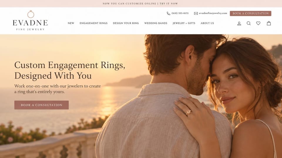 Jewelry website design, custom ring design with a couple at sunset: blush top bar, white menu with a rose gold ring logo, a couple embracing by the sea at sunset, a dark serif headline and a dusty rose button