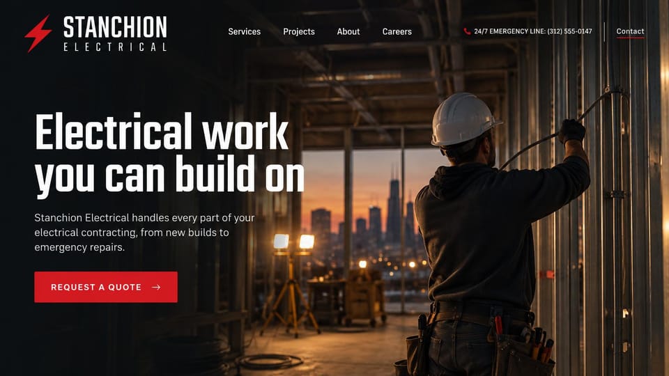 Electrician website design, new builds and emergency repairs in black and red: dark jobsite at dusk with an electrician in a white hard hat pulling cable along steel studs, a city skyline behind, a condensed white headline and a red button