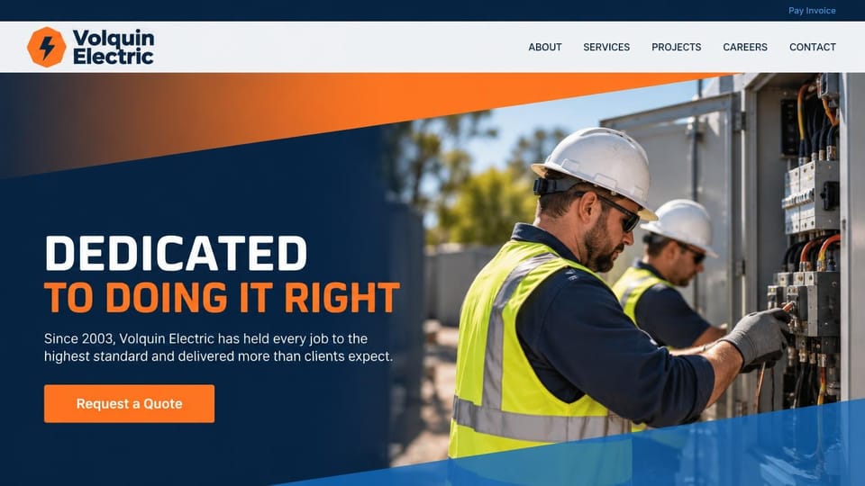 Electrician website design, commercial contractor with bold orange and blue angles: pale header, a navy hero with an orange diagonal band, white and orange capitals, two electricians in white hard hats and hi-vis vests at an outdoor cabinet
