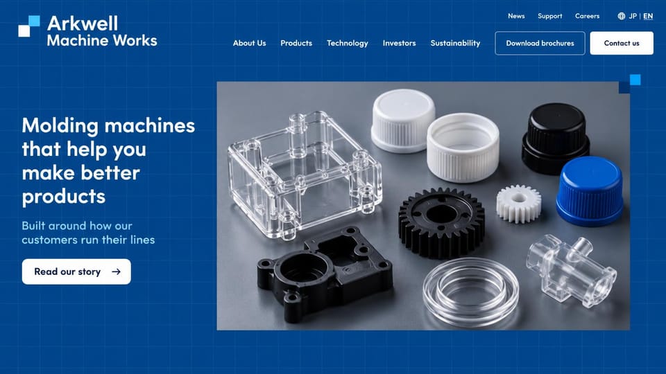 Manufacturing website design, molding machine maker on a blueprint grid: royal blue page with a fine grid, a white headline and a white button, a photo of clear and colored molded plastic parts, outlined and white header buttons