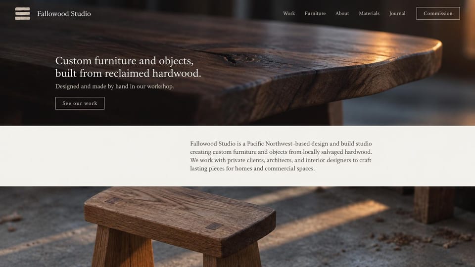 Carpentry website design, reclaimed hardwood studio, dark and quiet: a dark close-up of a reclaimed wood tabletop under a cream serif headline, a cream band of text and a wooden stool below