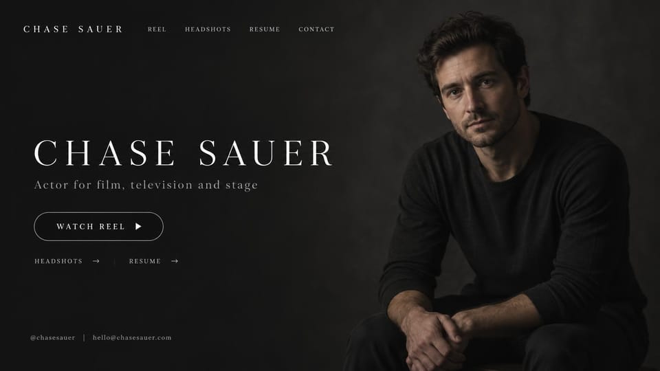 Actor website design, film and stage actor, dark and understated: charcoal page, a spaced white serif name, an outlined reel button, small headshot and resume links and a man in a black sweater seated in shadow