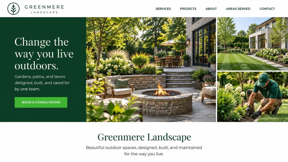 Landscaping website design, full-service landscaping with a photo collage: deep green text panel with a white serif headline beside photos of a fire pit patio, a striped lawn and a gardener planting