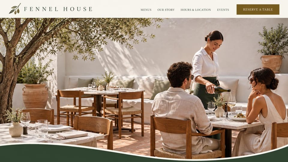 Restaurant website design, garden terrace in sunlight: cream header and a sunlit terrace with a server pouring wine, a green curve at the bottom