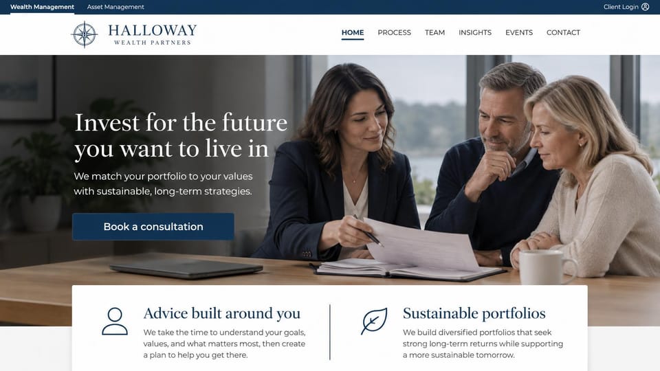 Financial advisor website design, sustainable investing with a feature panel: photo of an advisor with a couple at a table, white serif headline, navy button and a white panel with person and leaf icons