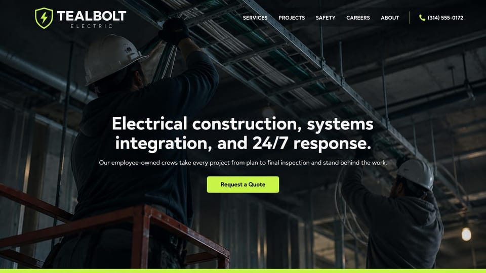 Electrician website design, construction and 24/7 response on a dark jobsite: dark photo of two electricians in white hard hats pulling cable through an overhead tray, a centered white headline and a lime quote button