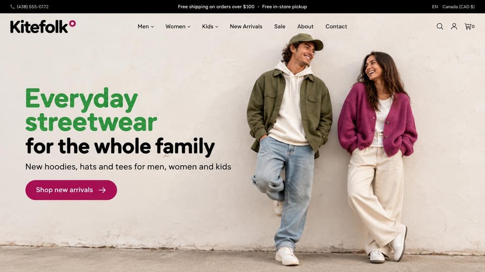 Fashion website design, family streetwear with a bold green headline: black top bar with a phone number, a black logo with a magenta dot, a big green and black sans headline, a magenta pill button, a man in an olive jacket and cap and a woman in a magenta cardigan leaning on a white wall