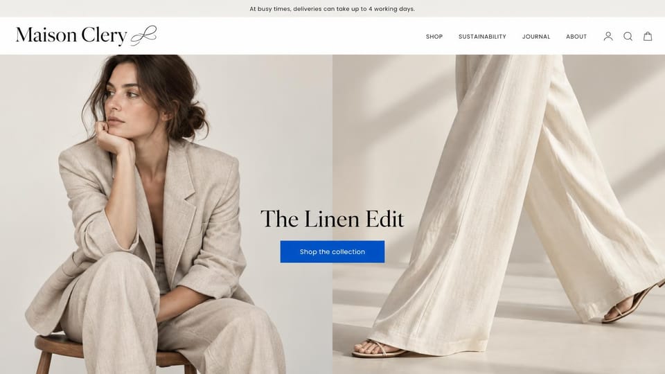 Fashion website design, a linen edit in two side-by-side photos: split photos of a woman in an oatmeal linen suit on a stool and linen trousers mid-stride in strappy sandals, a script logo, a centered serif headline and a blue button