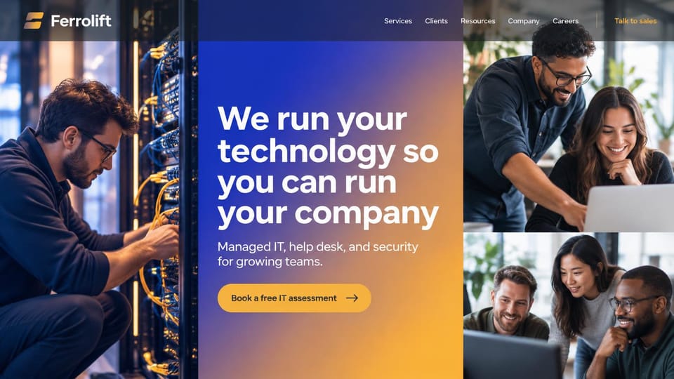 IT company website design, managed IT in three bright panels: three panels: a technician at a server rack, a blue to gold gradient panel with a white headline and gold button, and two photos of smiling colleagues