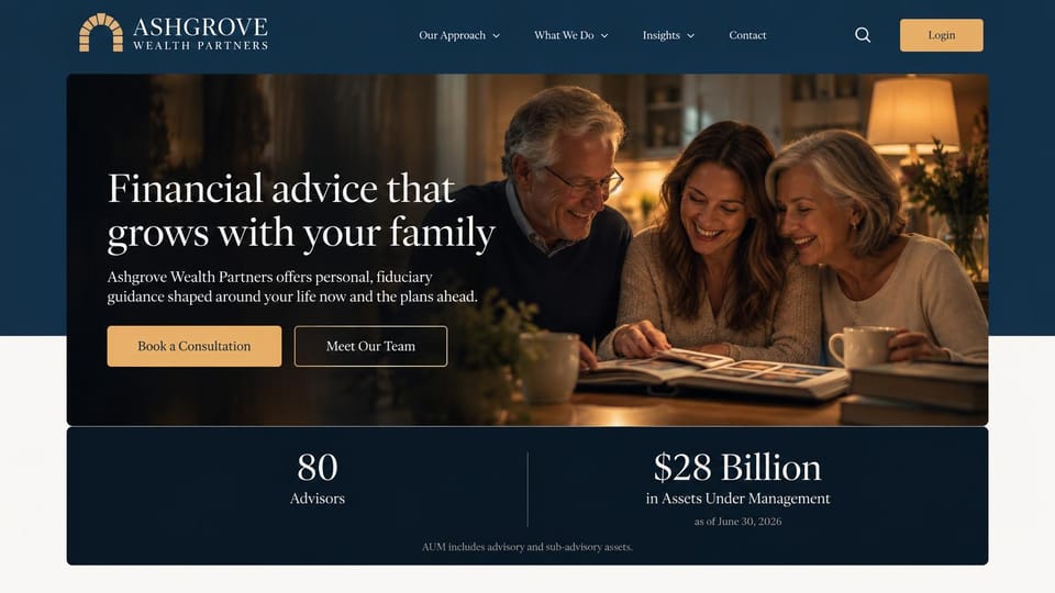 Financial advisor website design, large advisory firm with a family evening scene: navy frame around an evening photo of a family over a photo album, white serif headline, gold buttons and a dark stats panel