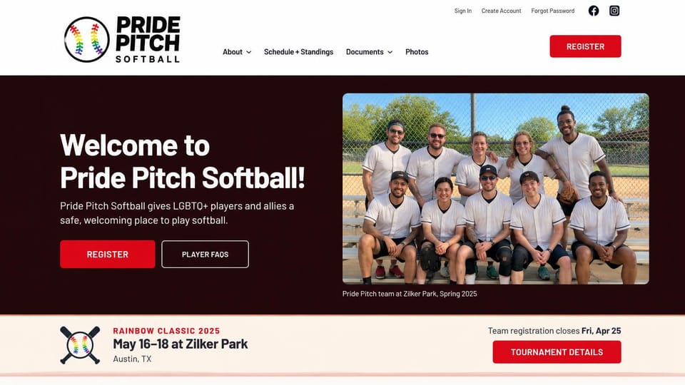 Sports team website design, adult softball league with a tournament strip: white header with a rainbow-stitched softball logo, a deep burgundy band with a white headline, red buttons and a team photo, and a peach tournament strip