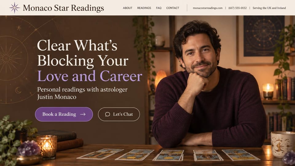 Astrology website design, astrology for love and career with a chat button: cream header over a dark brown room, a large cream and lavender serif headline, a purple button and a smiling reader at a table of cards