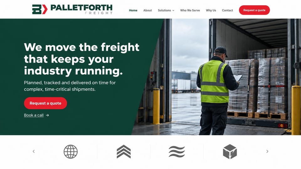 Logistics website design, industrial freight with a green slanted panel: deep green angled panel with a white headline and a red quote button, a worker in a safety vest checking pallets in a trailer at a rainy dock, gray marks below